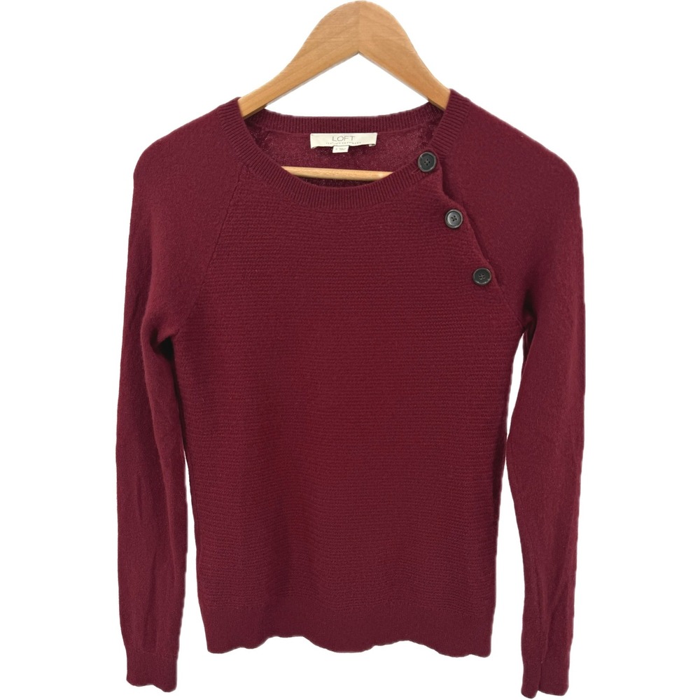 LOFT Womens S Cranberry Red Cashmere Sweater Shoulder Button Christmas Holiday